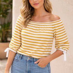 J. Crew Yellow and White Striped Off-Shoulder Blouse